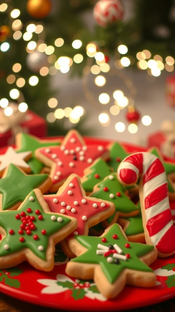 A plate of decorated Christmas sugar cookies in festive shapes with icing and sprinkles, set against a holiday backdrop.